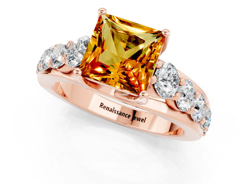 Rose gold Princess Cut Citrine Engagement Ring with Pavé Band and Four-Prong Setting_1