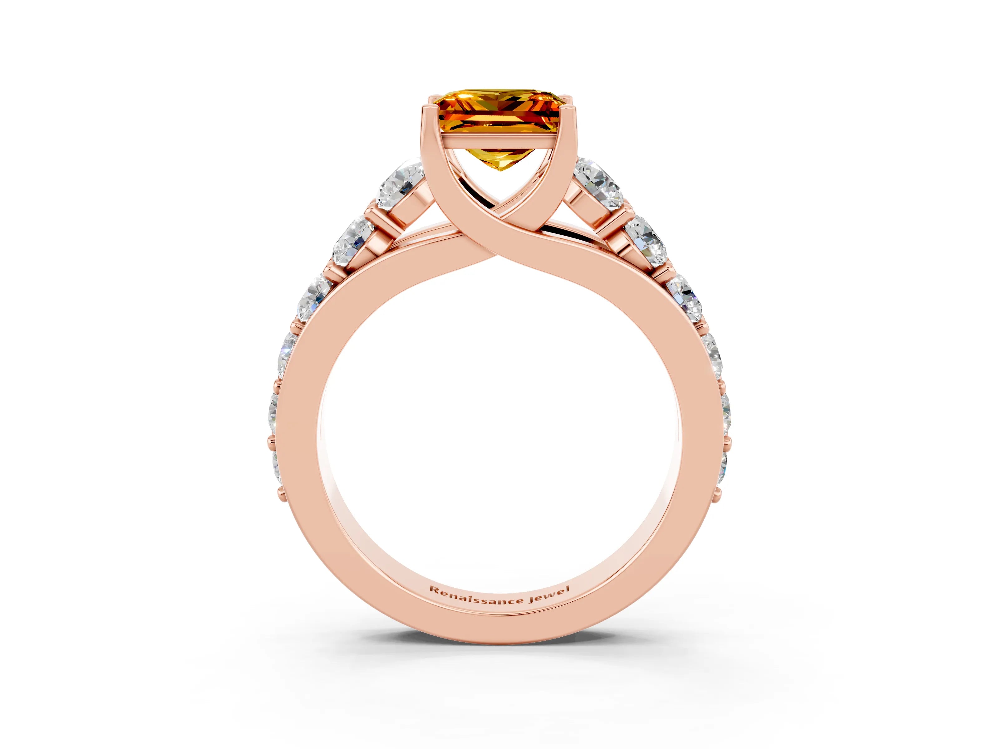 Rose gold Princess Cut Citrine Engagement Ring with Pavé Band and Four-Prong Setting_3