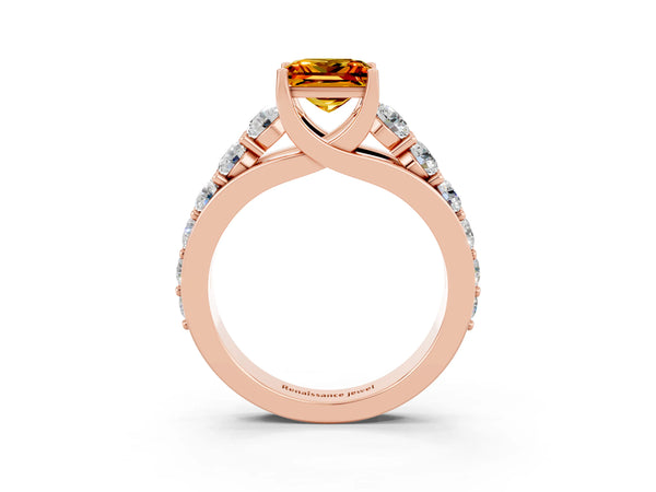 Rose gold Princess Cut Citrine Engagement Ring with Pavé Band and Four-Prong Setting
