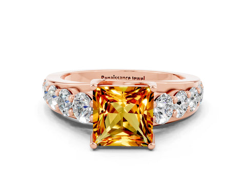 Rose gold Princess Cut Citrine Engagement Ring with Pavé Band and Four-Prong Setting