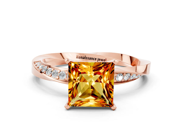 Rose gold Princess Cut Citrine Engagement Ring with Side Stone Accents and Four-Prong Setting