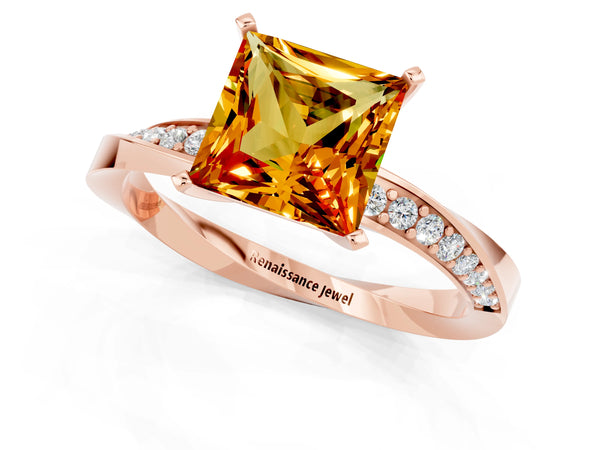 Rose gold Princess Cut Citrine Engagement Ring with Side Stone Accents and Four-Prong Setting