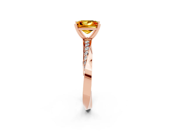 Rose gold Princess Cut Citrine Engagement Ring with Side Stone Accents and Four-Prong Setting