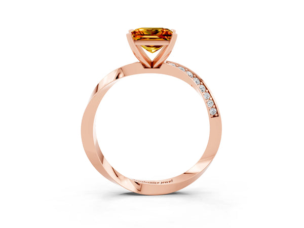 Rose gold Princess Cut Citrine Engagement Ring with Side Stone Accents and Four-Prong Setting