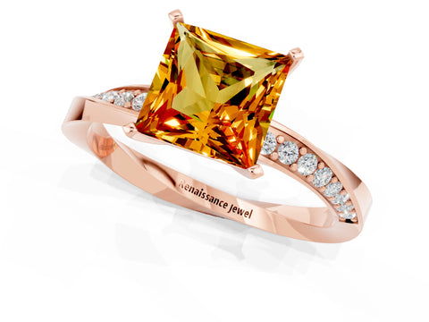 Rose gold Princess Cut Citrine Engagement Ring with Side Stone Accents and Four-Prong Setting_40