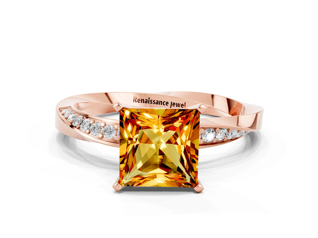 Rose gold Princess Cut Citrine Engagement Ring with Side Stone Accents and Four-Prong Setting_60