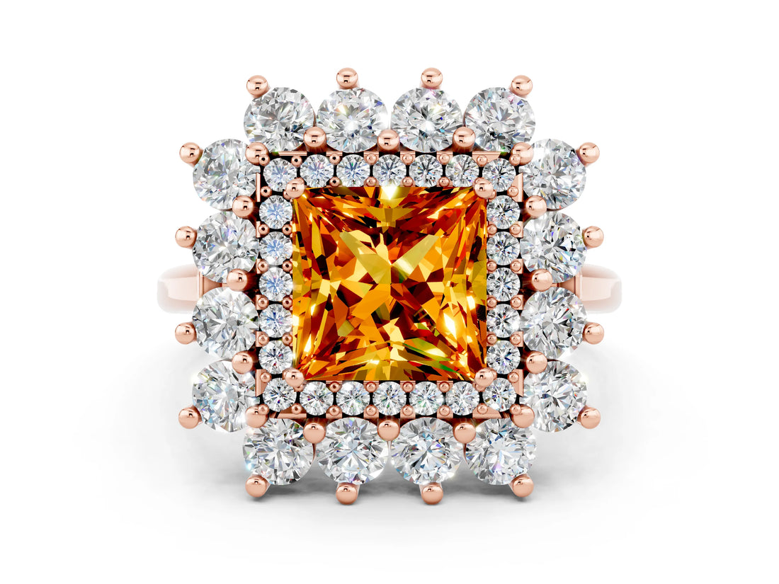Rose gold Princess Cut Citrine Floral Double Halo Engagement Ring with Prong Setting_84