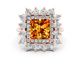 Rose gold Princess Cut Citrine Floral Double Halo Engagement Ring with Prong Setting_84