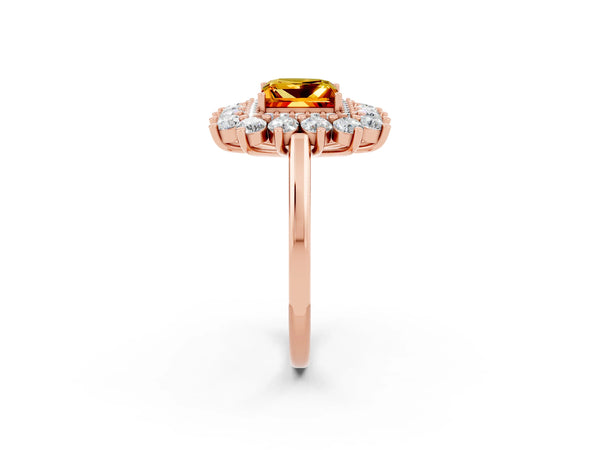 Rose gold Princess Cut Citrine Floral Double Halo Engagement Ring with Prong Setting