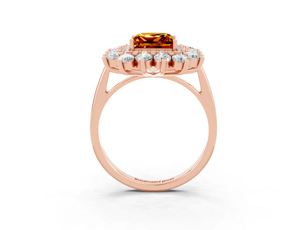 Rose gold Princess Cut Citrine Floral Double Halo Engagement Ring with Prong Setting
