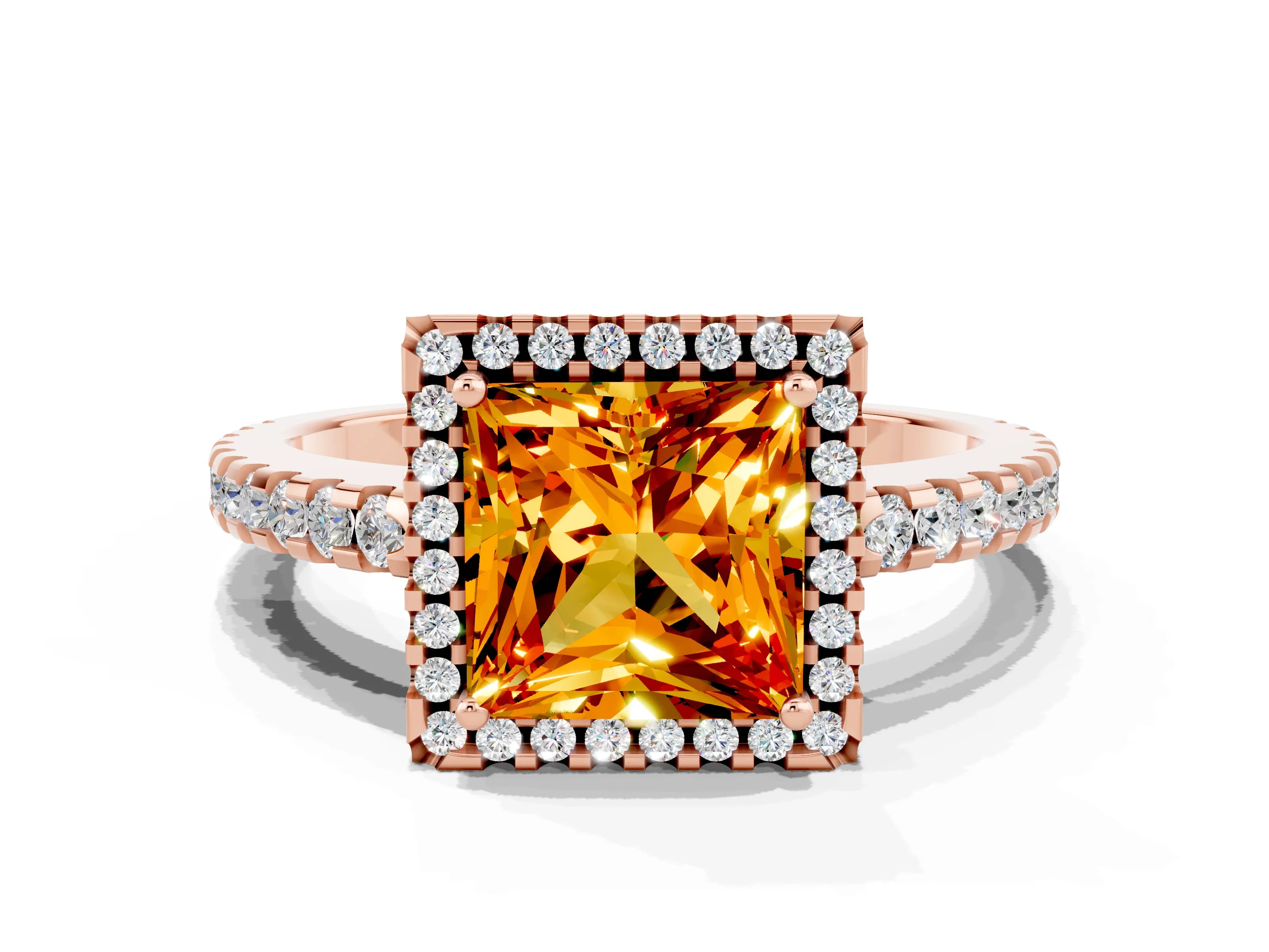 Rose gold Princess Cut Citrine Halo Engagement Ring with Pavé Band and Prong Setting_12