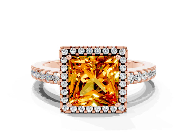 Rose gold Princess Cut Citrine Halo Engagement Ring with Pavé Band and Prong Setting