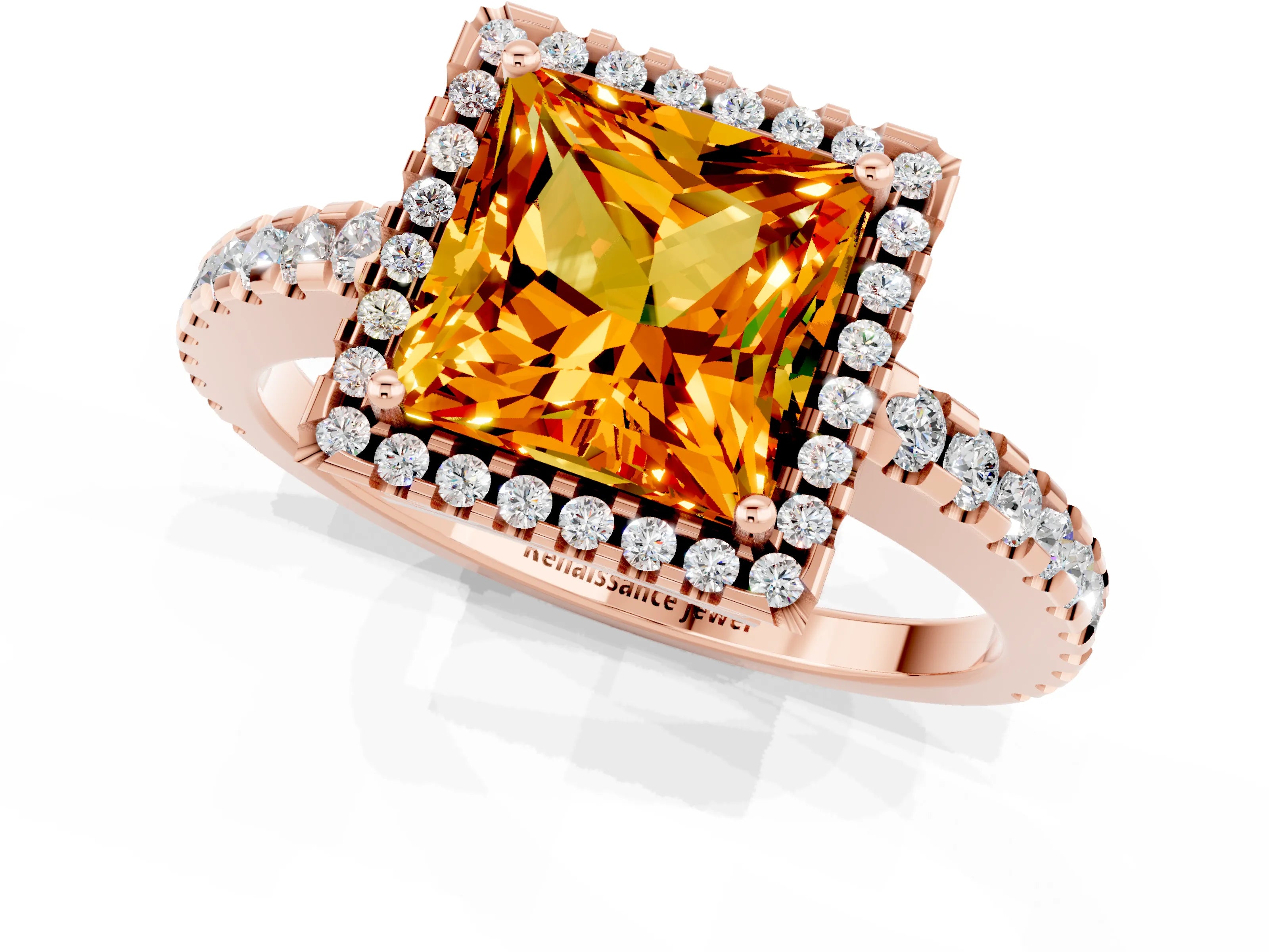 Rose gold Princess Cut Citrine Halo Engagement Ring with Pavé Band and Prong Setting_13