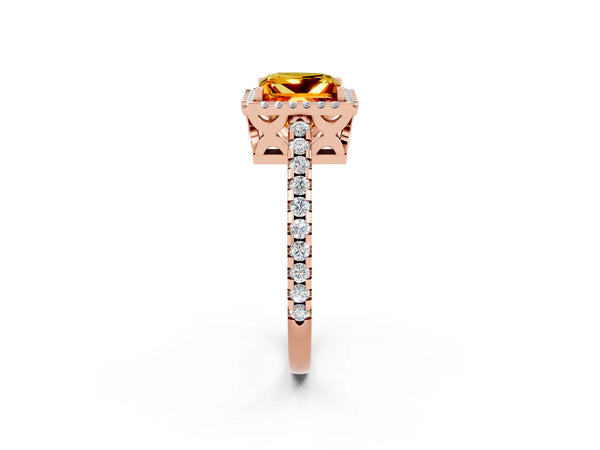 Rose gold Princess Cut Citrine Halo Engagement Ring with Pavé Band and Prong Setting