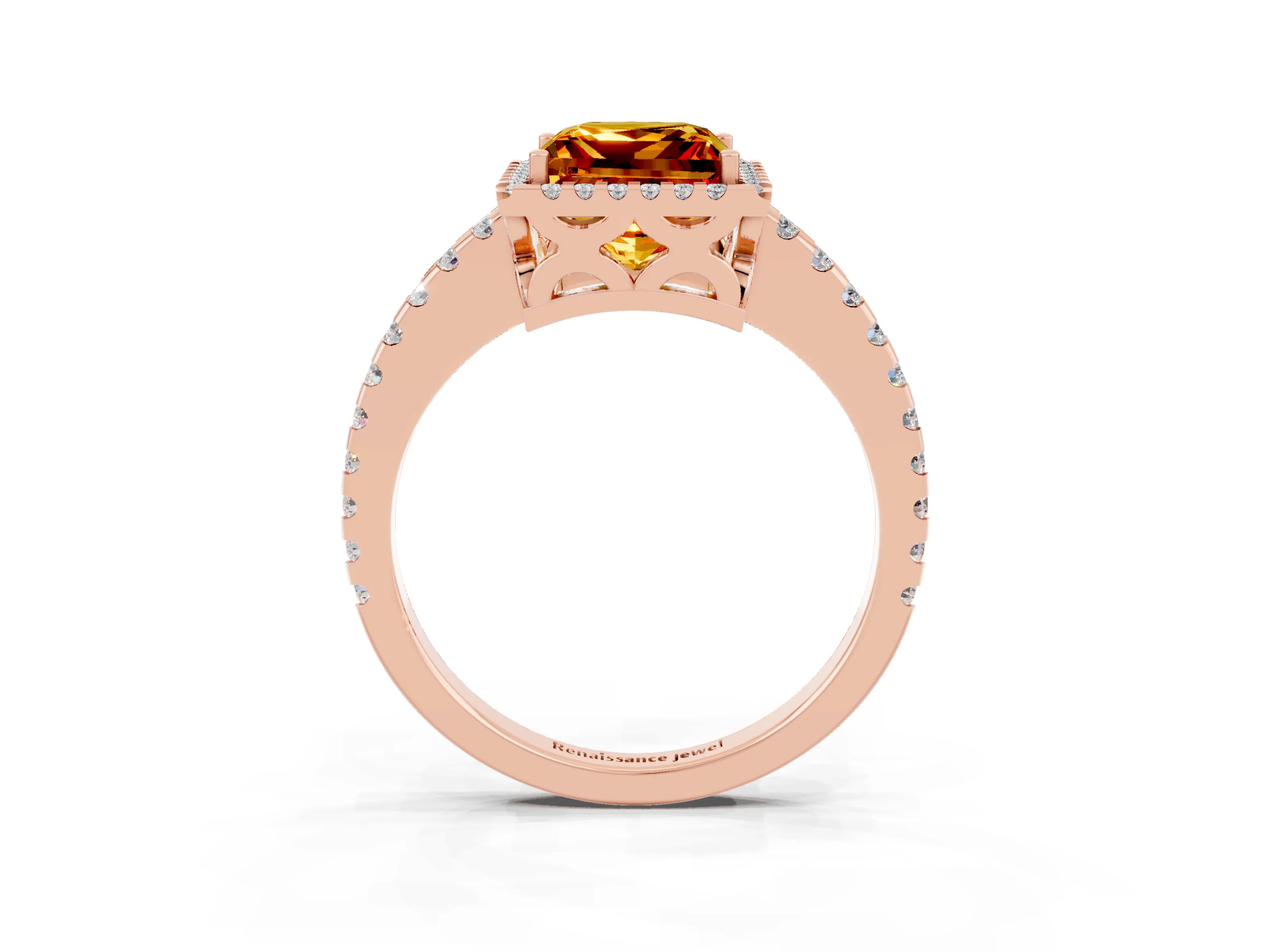 Rose gold Princess Cut Citrine Halo Engagement Ring with Pavé Band and Prong Setting_15