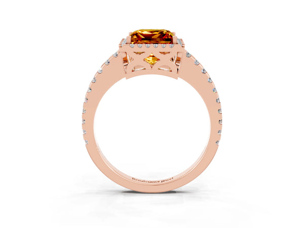 Rose gold Princess Cut Citrine Halo Engagement Ring with Pavé Band and Prong Setting