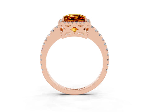 Rose gold Princess Cut Citrine Halo Engagement Ring with Pavé Band and Prong Setting_15