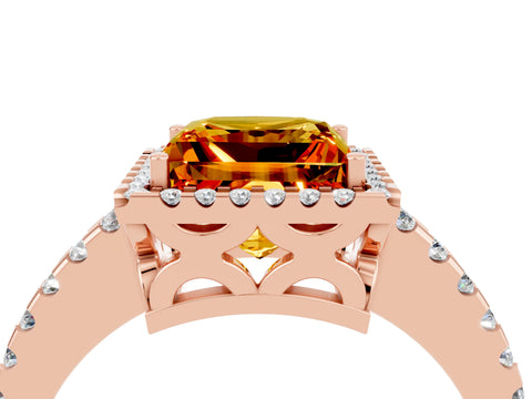 Rose gold Princess Cut Citrine Halo Engagement Ring with Pavé Band and Prong Setting_16
