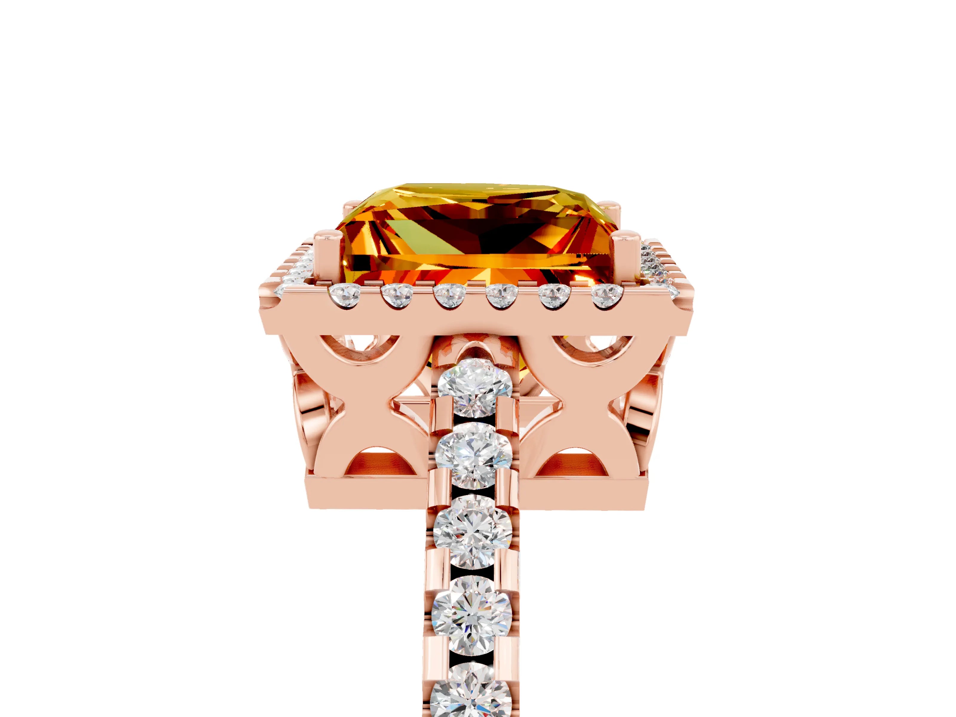 Rose gold Princess Cut Citrine Halo Engagement Ring with Pavé Band and Prong Setting_17