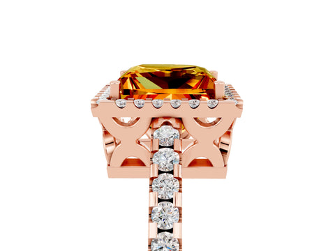 Rose gold Princess Cut Citrine Halo Engagement Ring with Pavé Band and Prong Setting_17