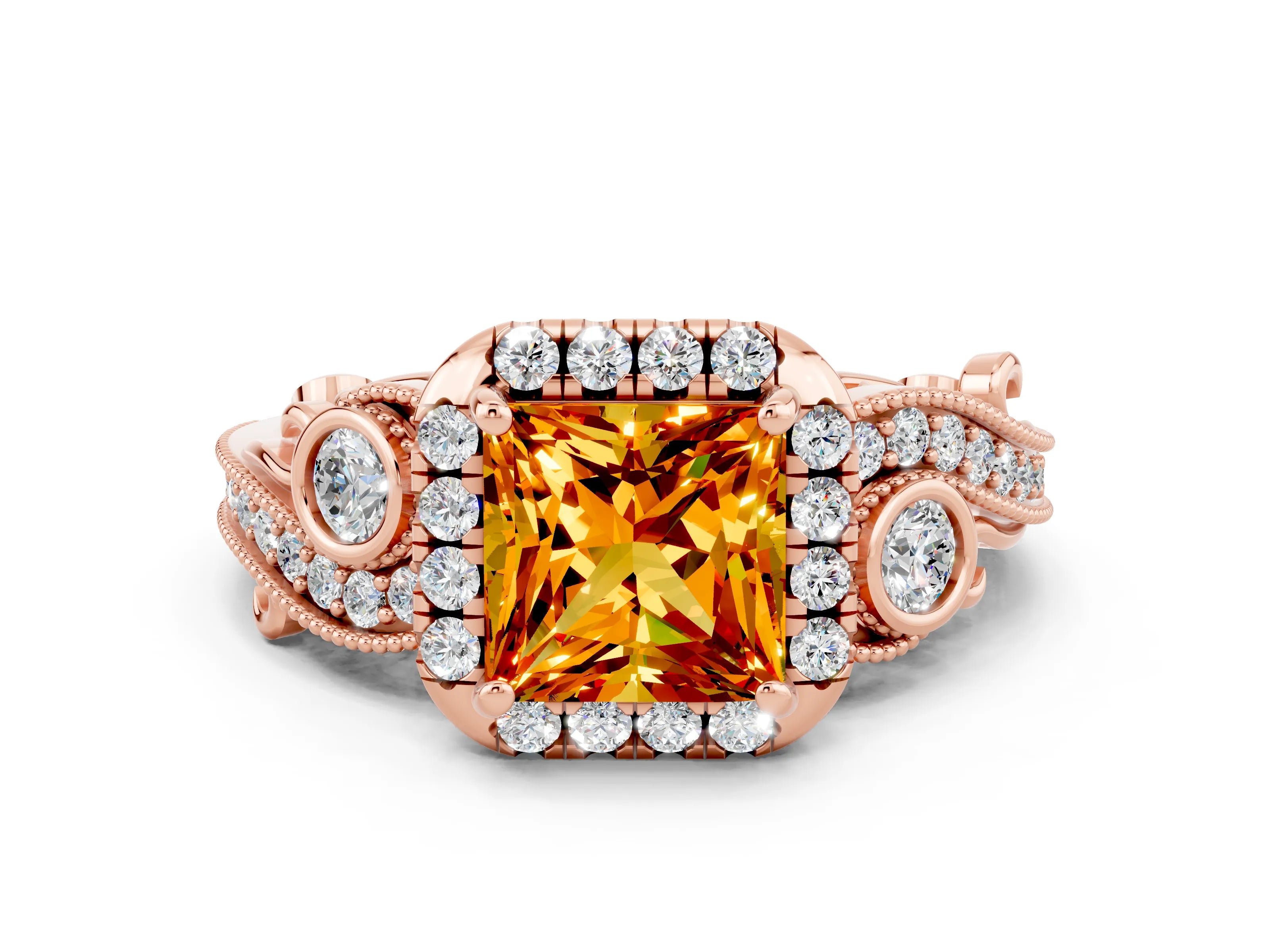 Rose gold Princess Cut Citrine Halo Ring with Milgrain Pavé Band and Four-Prong Setting_12