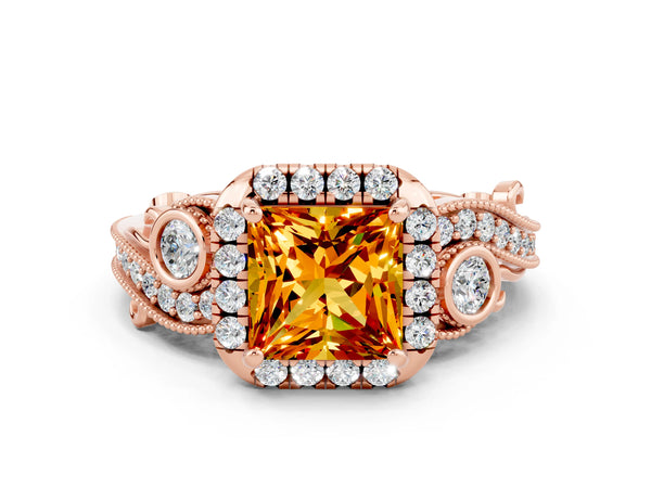 Rose gold Princess Cut Citrine Halo Ring with Milgrain Pavé Band and Four-Prong Setting