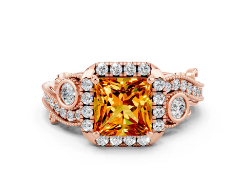 Rose gold Princess Cut Citrine Halo Ring with Milgrain Pavé Band and Four-Prong Setting_12