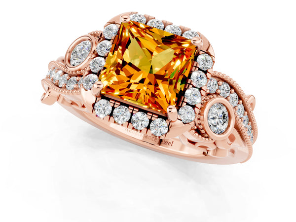Rose gold Princess Cut Citrine Halo Ring with Milgrain Pavé Band and Four-Prong Setting
