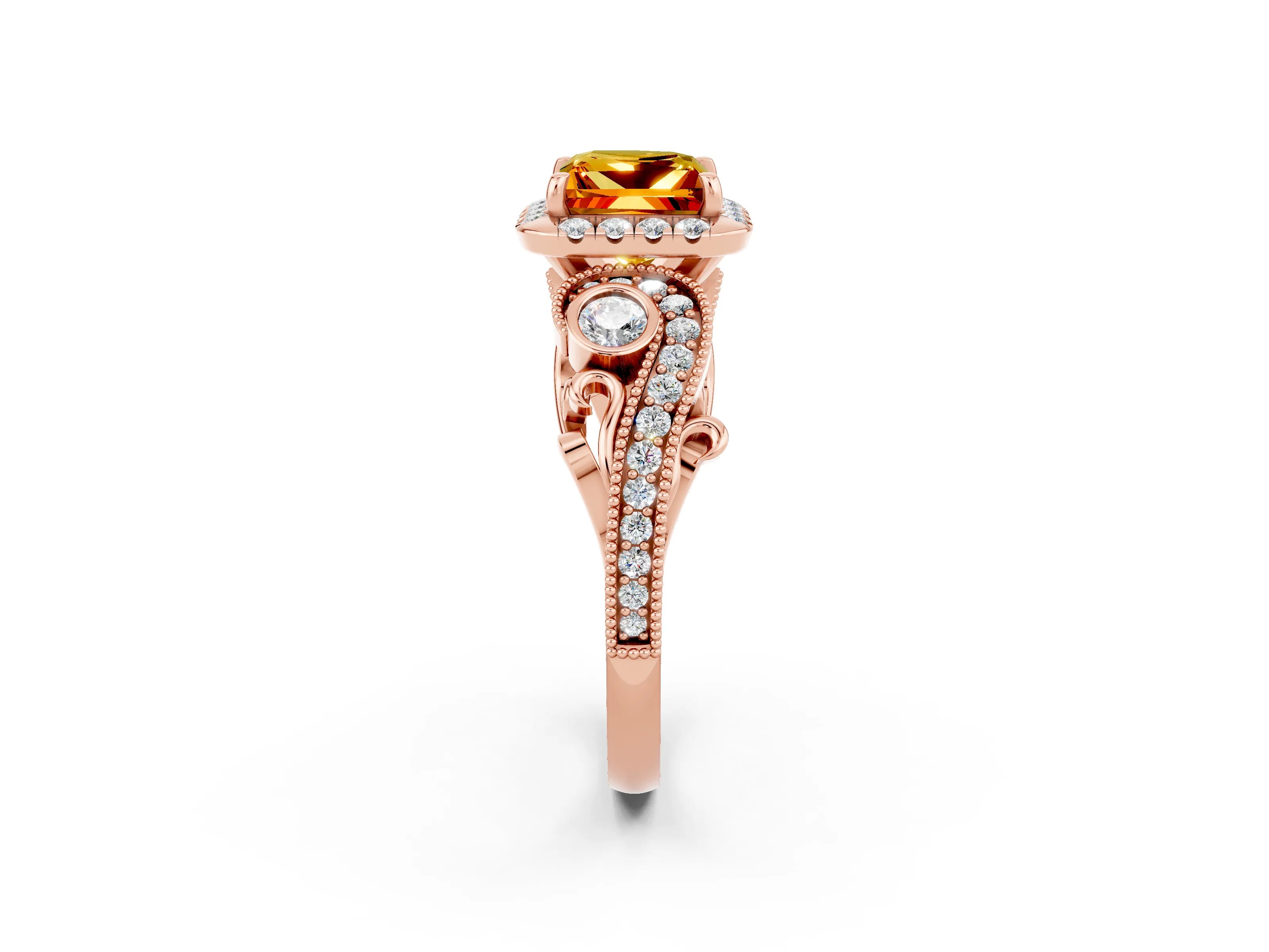 Rose gold Princess Cut Citrine Halo Ring with Milgrain Pavé Band and Four-Prong Setting_14