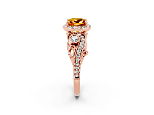 Rose gold Princess Cut Citrine Halo Ring with Milgrain Pavé Band and Four-Prong Setting