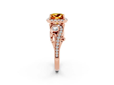 Rose gold Princess Cut Citrine Halo Ring with Milgrain Pavé Band and Four-Prong Setting_14