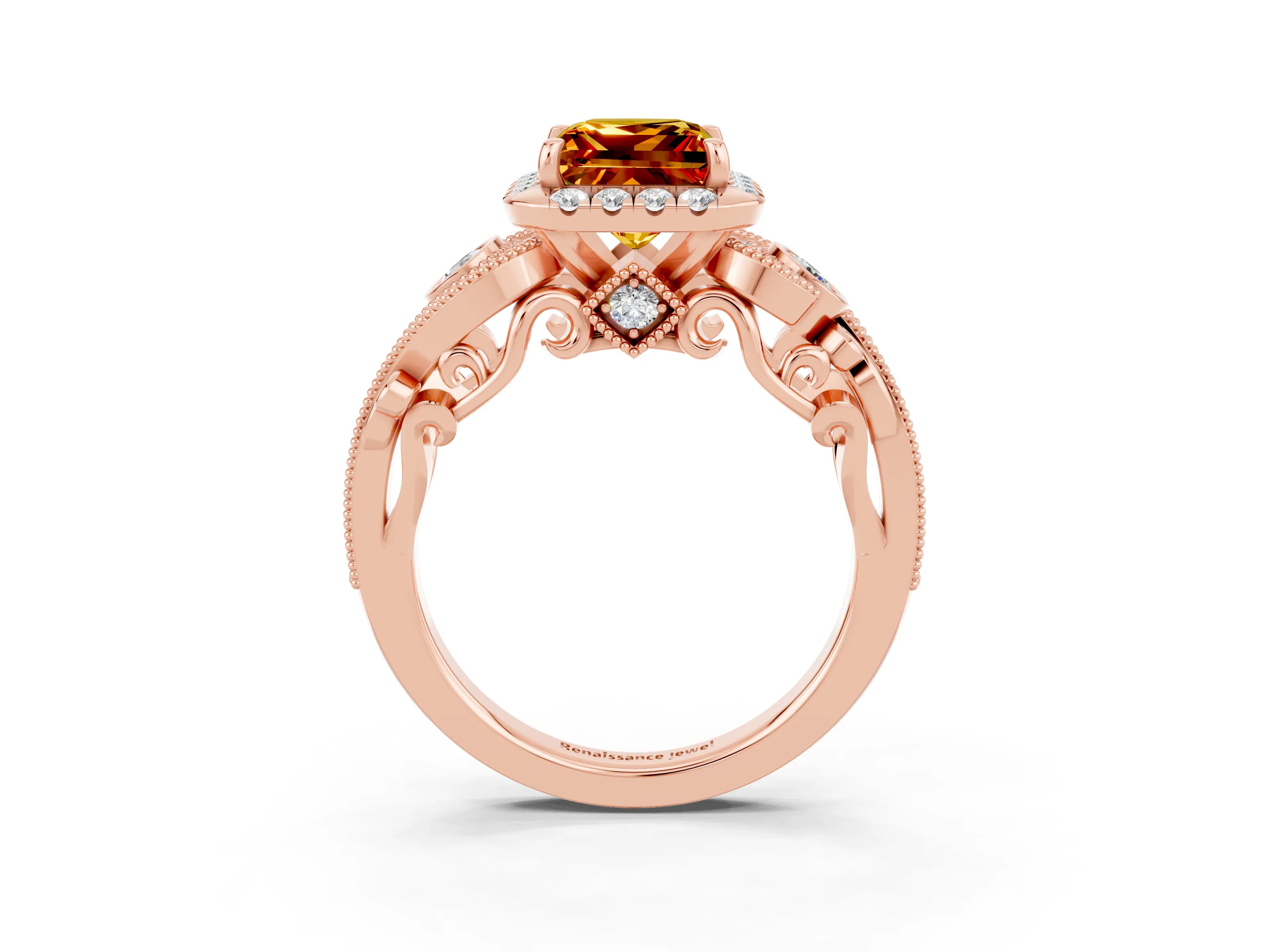 Rose gold Princess Cut Citrine Halo Ring with Milgrain Pavé Band and Four-Prong Setting_15