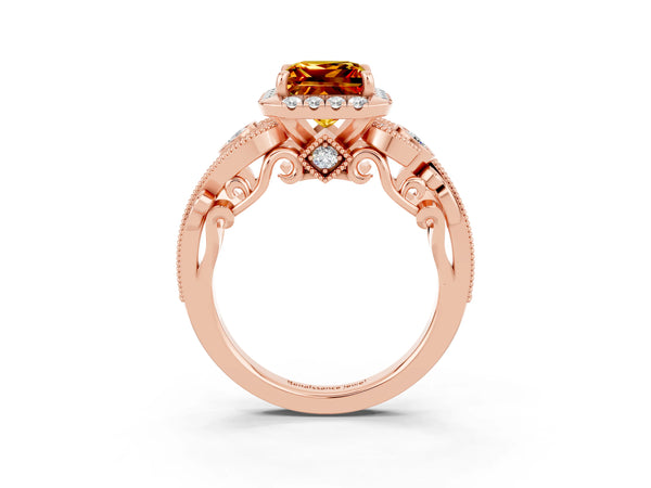 Rose gold Princess Cut Citrine Halo Ring with Milgrain Pavé Band and Four-Prong Setting