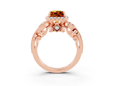 Rose gold Princess Cut Citrine Halo Ring with Milgrain Pavé Band and Four-Prong Setting_15