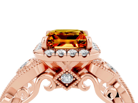Rose gold Princess Cut Citrine Halo Ring with Milgrain Pavé Band and Four-Prong Setting_16