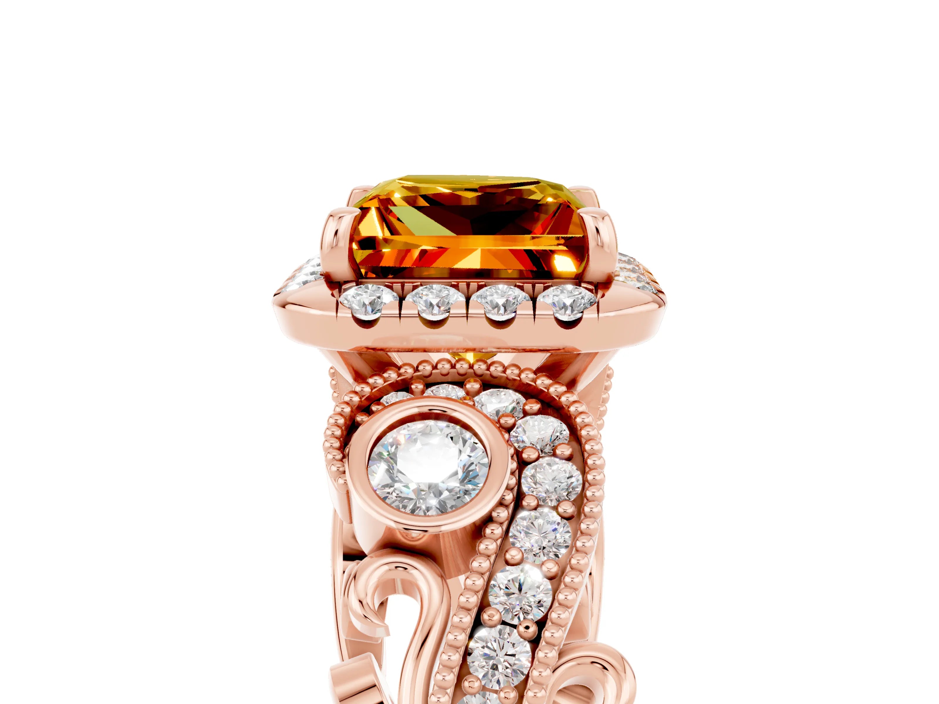 Rose gold Princess Cut Citrine Halo Ring with Milgrain Pavé Band and Four-Prong Setting_17