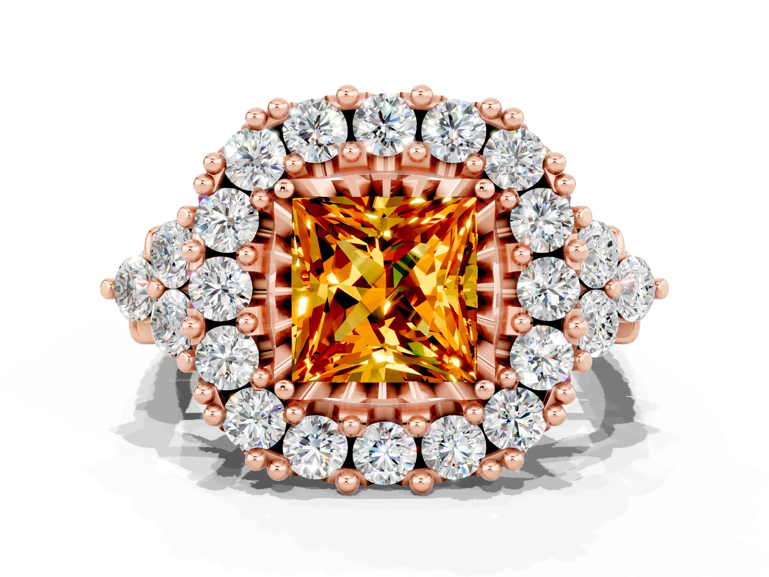 Rose gold Princess Cut Citrine Halo Ring with Pavé Band and Four-Prong Setting_12