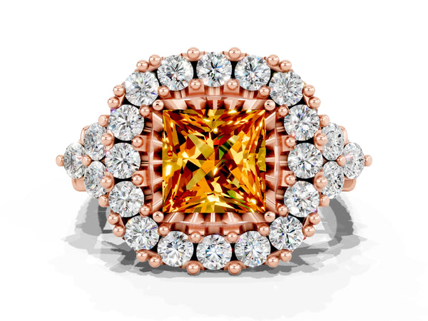 Rose gold Princess Cut Citrine Halo Ring with Pavé Band and Four-Prong Setting