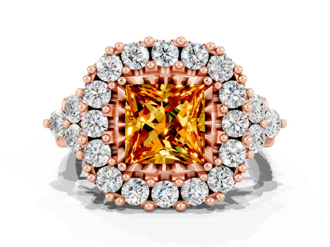 Rose gold Princess Cut Citrine Halo Ring with Pavé Band and Four-Prong Setting_12