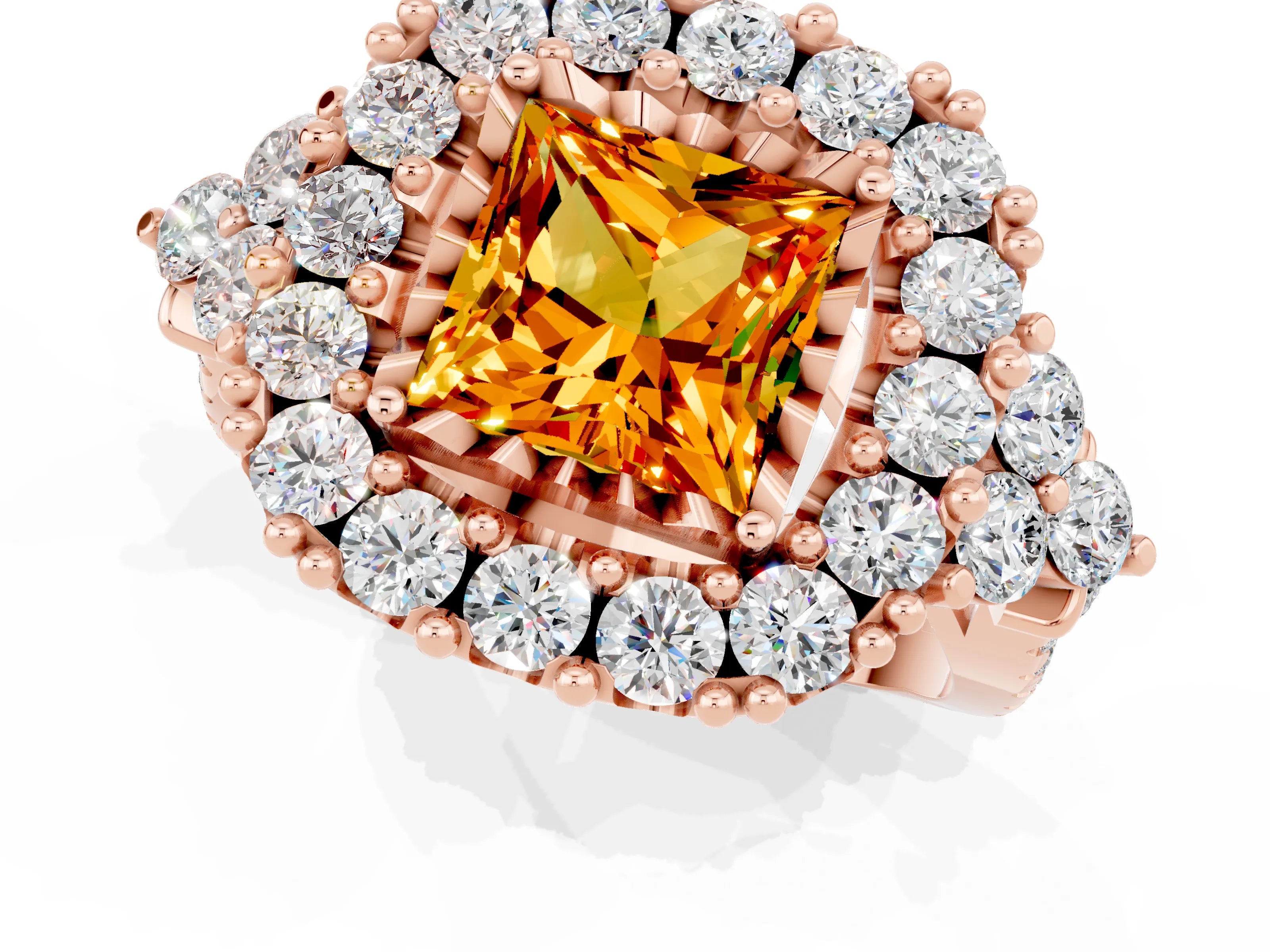 Rose gold Princess Cut Citrine Halo Ring with Pavé Band and Four-Prong Setting_13