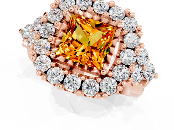Rose gold Princess Cut Citrine Halo Ring with Pavé Band and Four-Prong Setting