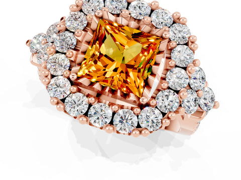 Rose gold Princess Cut Citrine Halo Ring with Pavé Band and Four-Prong Setting_13