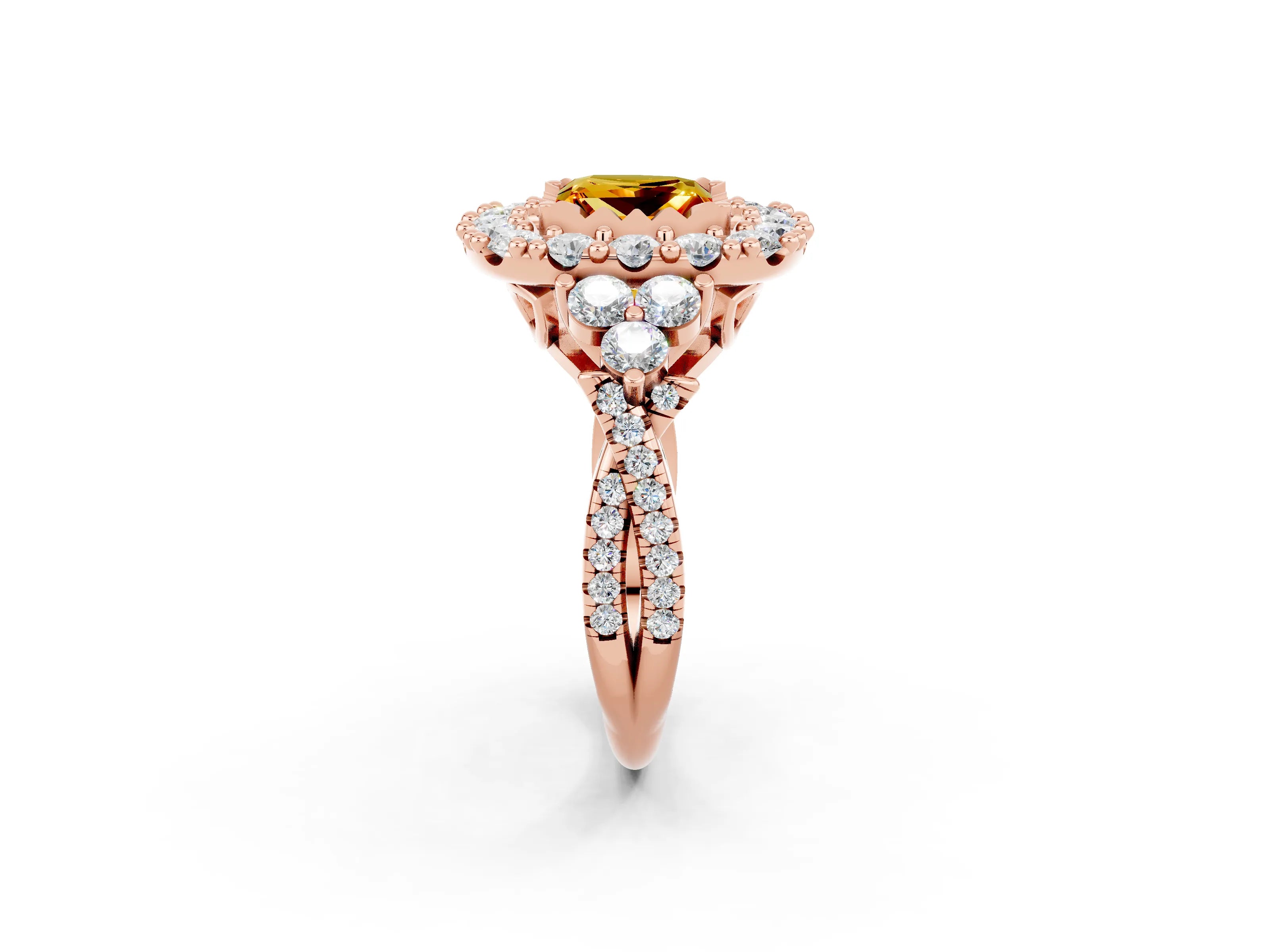 Rose gold Princess Cut Citrine Halo Ring with Pavé Band and Four-Prong Setting_14