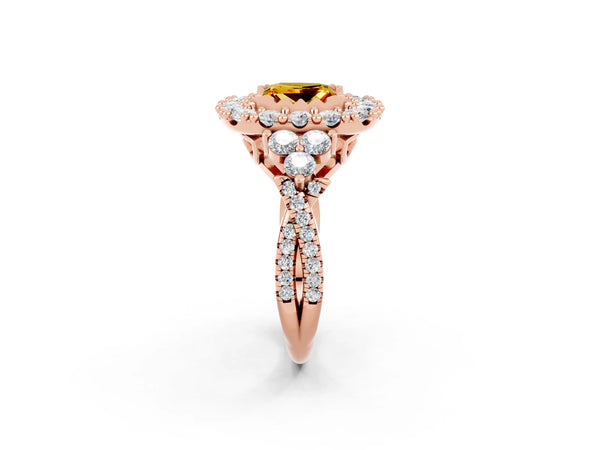 Rose gold Princess Cut Citrine Halo Ring with Pavé Band and Four-Prong Setting