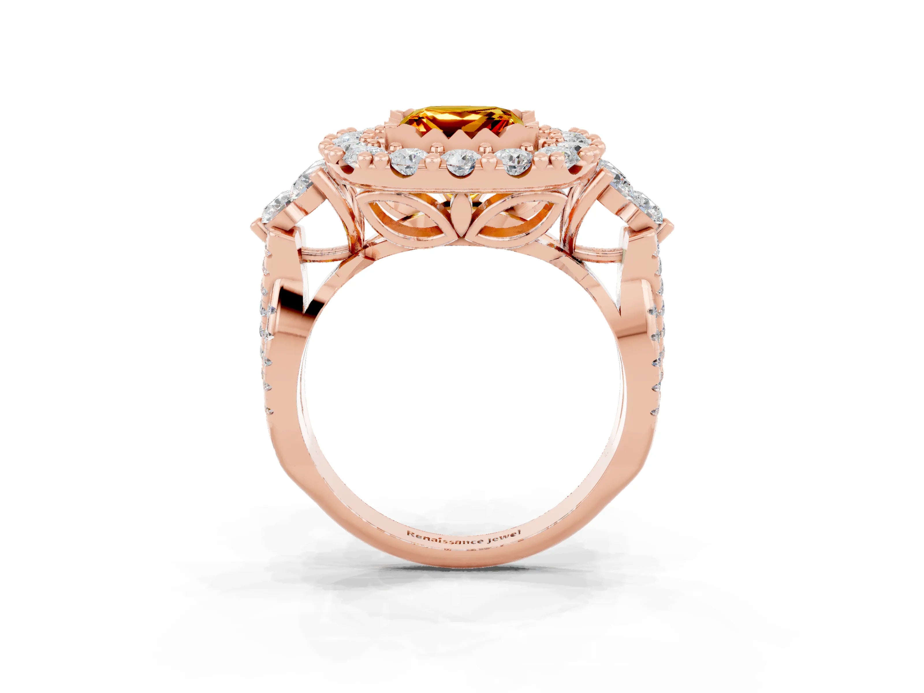 Rose gold Princess Cut Citrine Halo Ring with Pavé Band and Four-Prong Setting_15