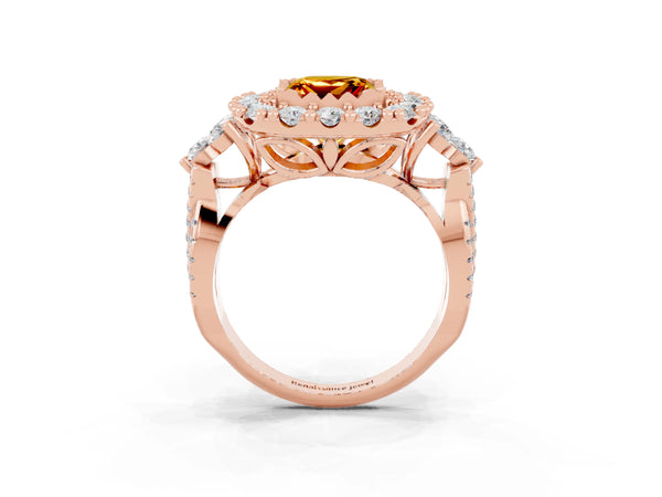 Rose gold Princess Cut Citrine Halo Ring with Pavé Band and Four-Prong Setting