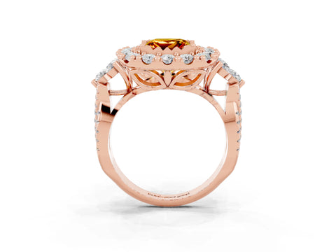 Rose gold Princess Cut Citrine Halo Ring with Pavé Band and Four-Prong Setting_15