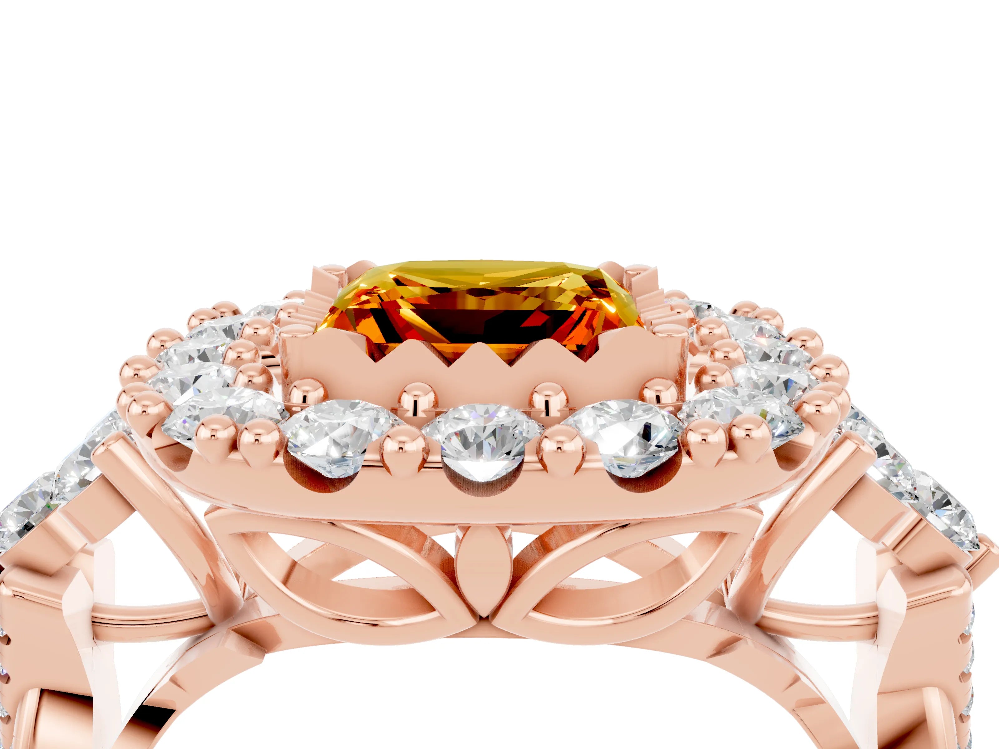 Rose gold Princess Cut Citrine Halo Ring with Pavé Band and Four-Prong Setting_16