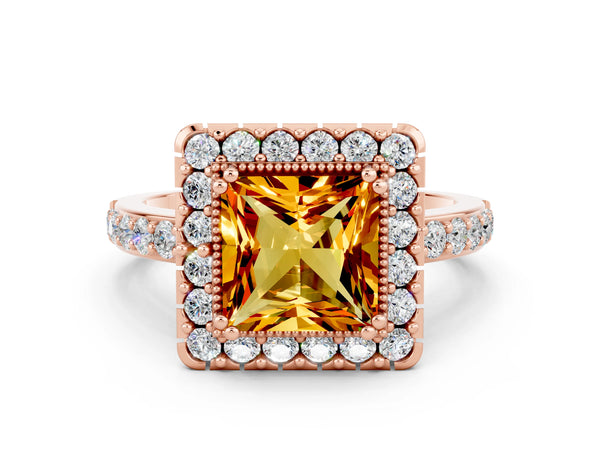 Rose gold Princess Cut Citrine Halo Ring with Pavé Band and Prong Setting