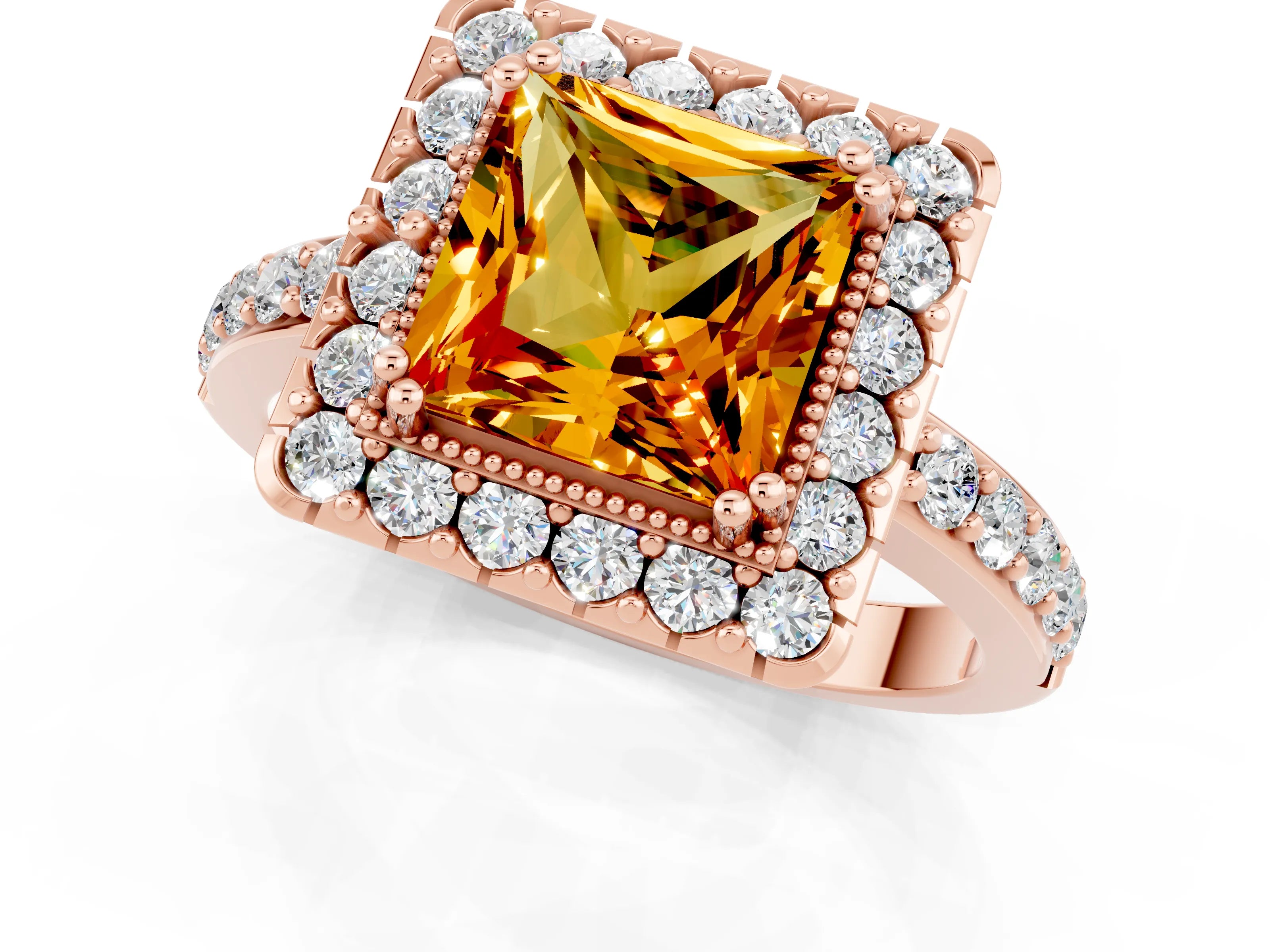Rose gold Princess Cut Citrine Halo Ring with Pavé Band and Prong Setting_1